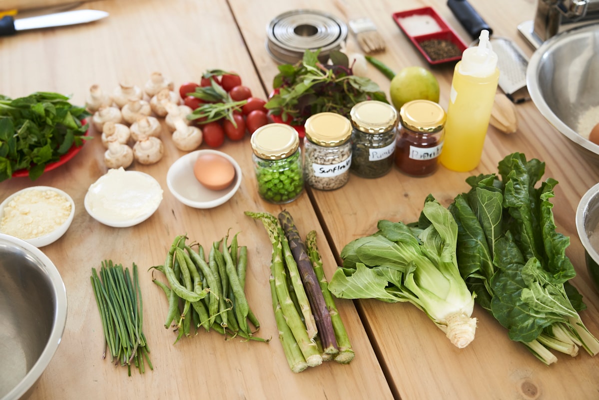 Natural healthy food ingredients on wooden table